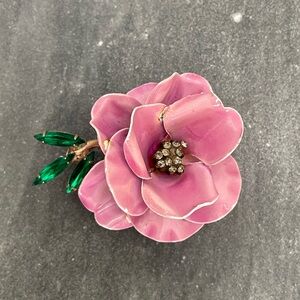 Vintage Pink Enamel Green Austrian Crystal Floral Brooch